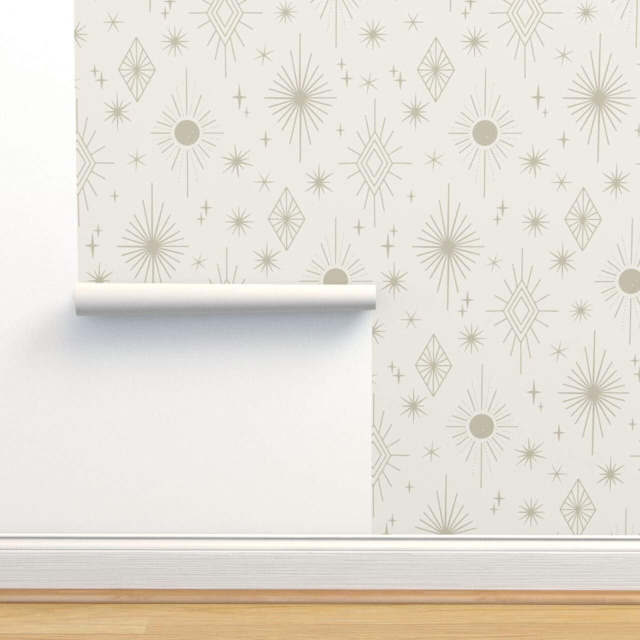 Beige Star Space Retro Neutral 60'S Whimsical Whimsy Magic Celestial Magical Boho Custom Pre-pasted Wallpaper by Spoonflower Pre-Pasted Wallpaper 2FT Wide